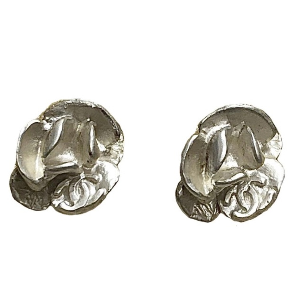 Authentic Chanel Silver Flower Earrings with Logo